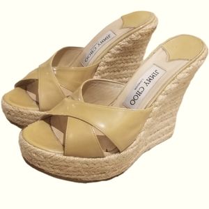 Jimmy Choo Phyllis Patent Leather Espadrilles Platform Wedges Sandals Sh…